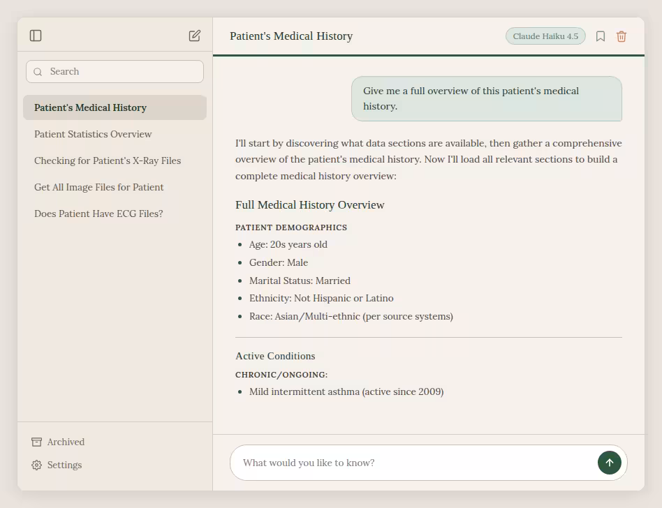 The patient-scoped AI assistant answering a clinical question with a structured overview drawn from across the patient's full record