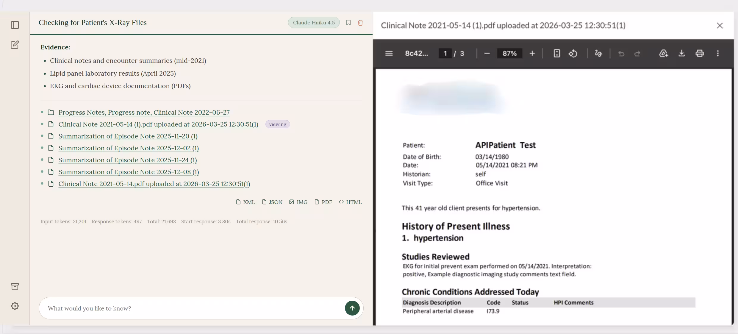 Preview panel showing a PDF clinical document opened directly from an inline citation in the assistant's reply