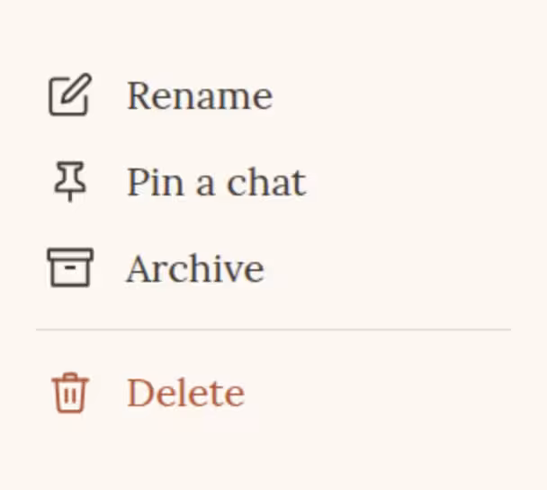 Conversation list showing pinned, active, and archived conversations with search, pin, archive, and delete controls