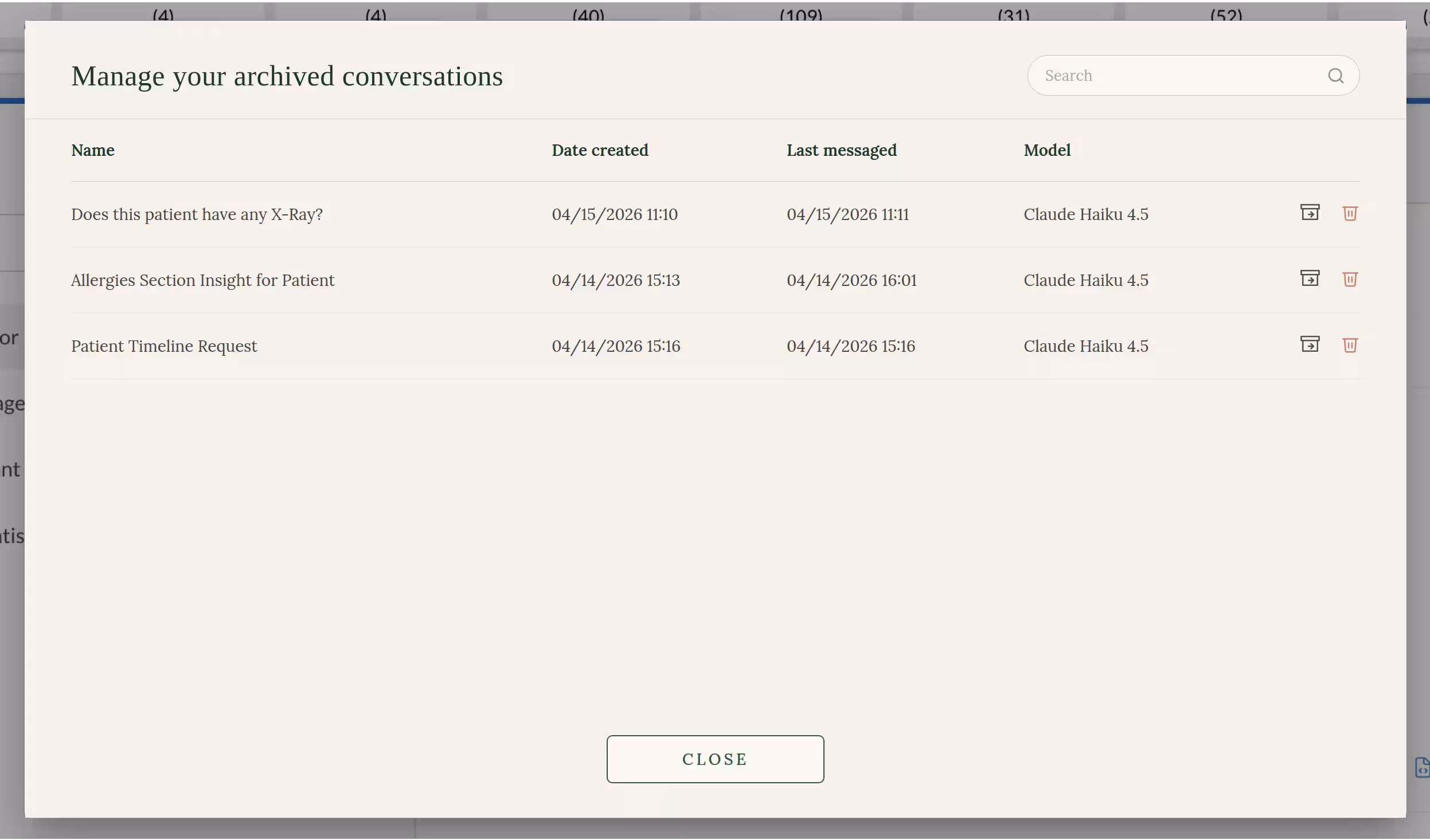 Archive view where conversations can be searched, restored, or permanently deleted