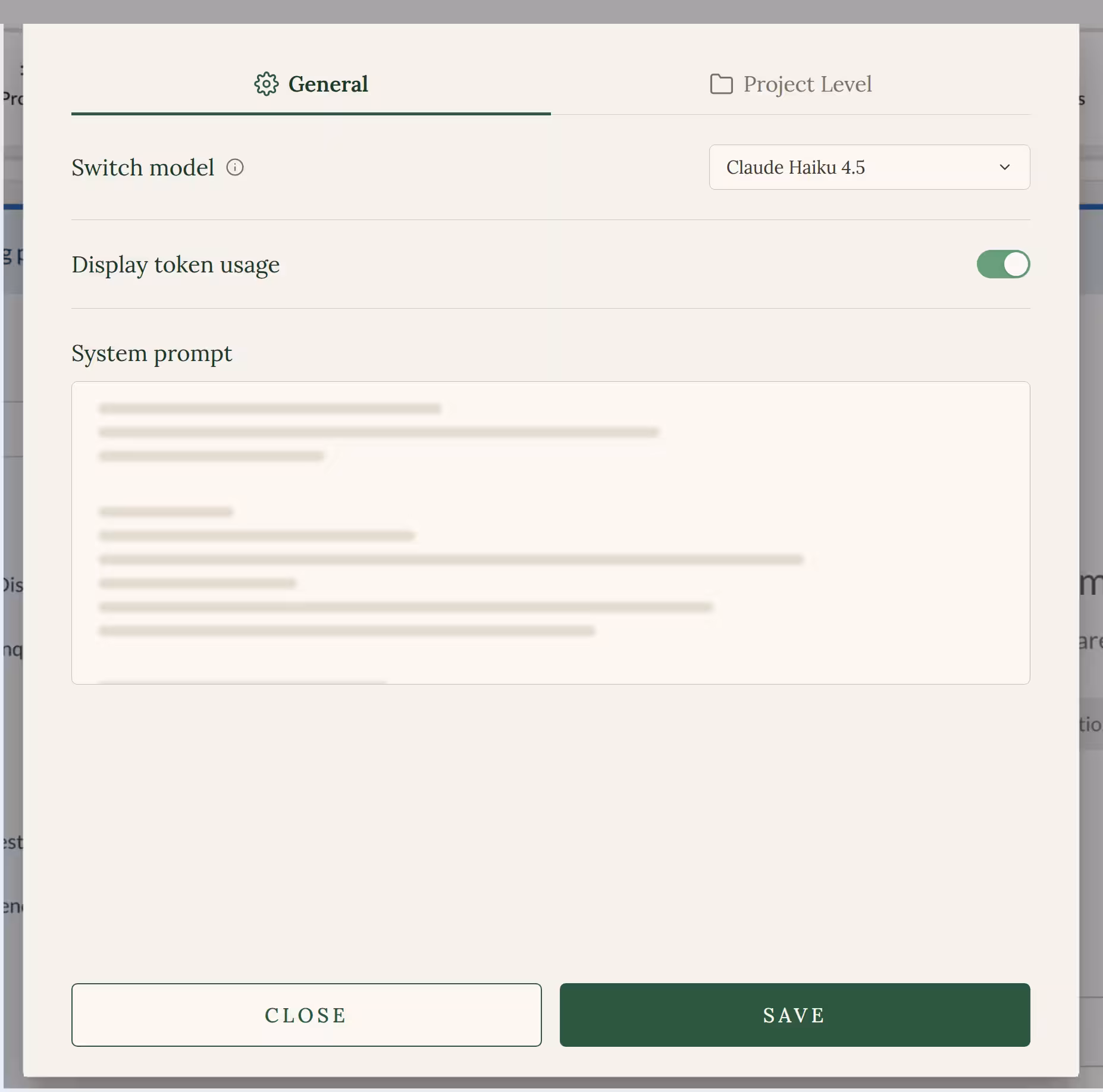 Administrator settings panel for switching AI models, toggling token usage display, and editing the system prompt